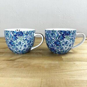 Lilly Pulitzer Blue White Floral Gold Handle Lion Around Ceramic Coffee Mugs Set